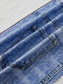 年轻女孩牛仔效果 3D 仿装饰前开翻领长袖夹克，时尚街头服饰，秋春 - 中等水洗藍 - 查看 6