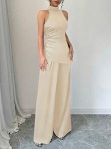 Elenzga 2pcs Set High Neck Asymmetric Hem Top And Wide Leg Pants - Khaki - View 4