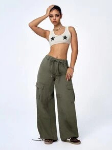 SHEIN ICON Jeanoix 女士时尚休闲绿色抽绳腰部多口袋宽松牛仔裤 - 綠色 - 查看 1