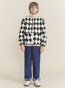 SHEIN Tween Boy Autumn/Winter Long Sleeve Checkerboard Zip-Up Sherpa Collar Pocket Windbreaker - Beige - View 4