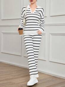 Seusyu 2 件套女士条纹 V 领宽松休闲针织毛衣套装 2 件套 - 黑與白 - 查看 4