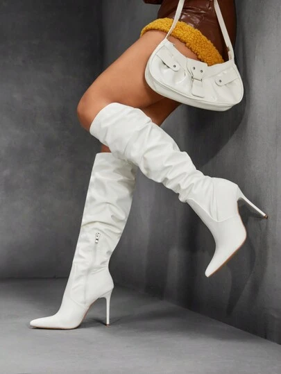 CUCCOO SZL Botas de tacón fino y puntiagudas de media pantorrilla de estilo slip-on para mujer, de color blanco, de moda y sexy, para primavera y vacaciones de primavera, Pascua