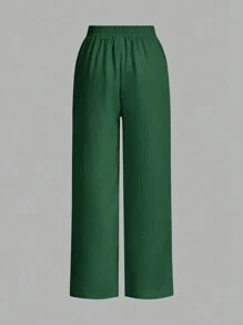 SHEIN Essnce 3条装夏季裤子女士纯色腰系带阔腿宽松休闲裤 - 墨綠色 - 查看 7