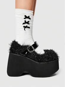 ROMWE Women's Punk Style Fluffy Hook-And-Loop Decor Fashion Platform Flat Shoes New Year Holiday - Black - View 3