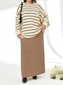 SHEIN Cottnline Striped Pattern Drop Shoulder Sweater & Knit Skirt - Brown - View 5