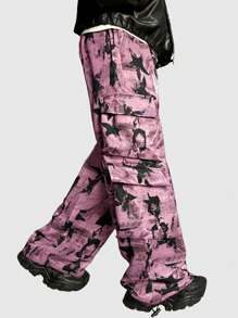 ROMWE MEN Street Life Men's Tie Front Print Pocket Casual Pants, For Daily Wear