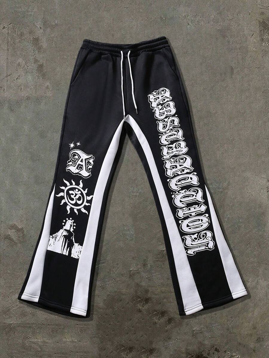 Manfinity EMRG Men's Casual Letter Print Drawstring Waist Sweatpants - Black - View 1