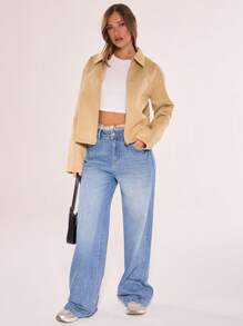 MUSERA Faux Suede Collared Trucker Jacket - Khaki - View 4