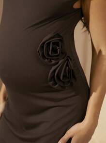 MaterniChic Maternity Apricot Asymmetrische Hals Effen Kleur Geplooide Schuine Schouder Sexy Hoge Split 3D Bloemenjurk Voor Vrouwen, Zomerresort/Date