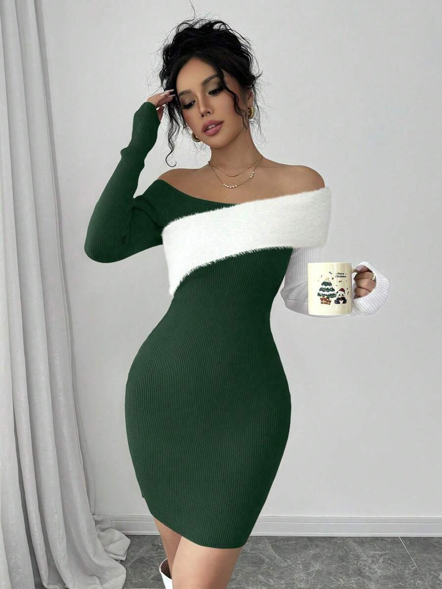 Chiquease 1 件女式纯色优雅圣诞拼色蓬松露肩长袖毛衣连衣裙