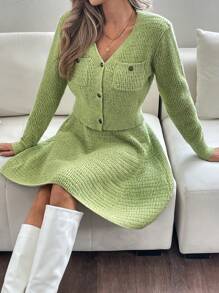 SHEIN Clasi 2pcs Women Solid Color Front Button Pocket Blouse And Skirt Sweater Set