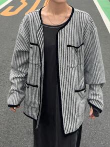 FRIFUL Chaqueta regular de ajuste holgado con bloques de color y múltiples bolsillos para mujer, ropa de otoño - Negro - Ver 1