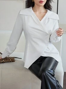Modelyn 大翻领不对称下摆修身长袖女式衬衫 - 白色 - 查看 4