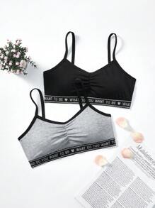 SHEIN 2pcs Tween Girl Minimalist Comfy Ruched Bralette With Letter Print & Elastic Back Padded Bra Set