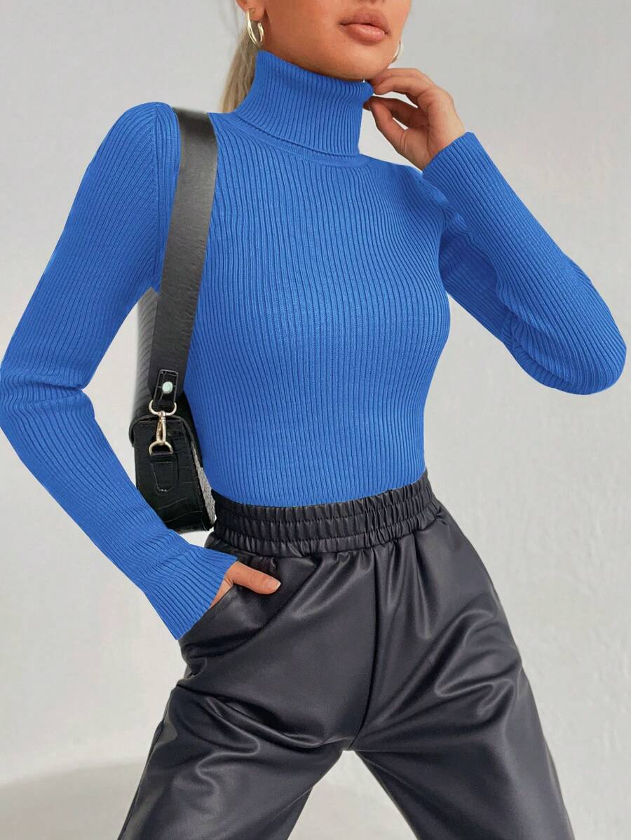 Cloudara Turtleneck Ribbed Knit Sweater - Navy Blue - View 1