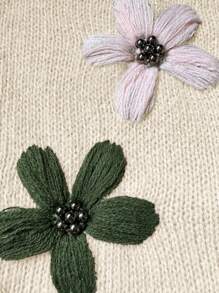 Chiquease 女士手工刺绣花卉圆领落肩宽松针织毛衣