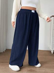 SHEIN EZwear Damen Große Größen Herbst/Winter Hose mit hoher Taille und weitem Bein, locker geschnitten mit Taschen und Patches Design, geeignet für Schule, Alltag und Büro, Cord Material - marineblau - Übersicht 5