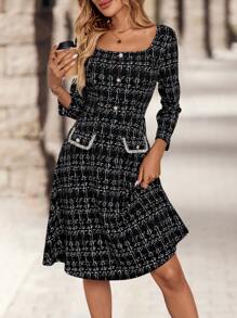EMERY ROSE Elegant Plaid Midi Dress For Women, Elegant Autumn Party Dress, Carnival Dress For Women, Valentine's Day Dress. - Black - View 6