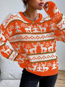 SHEIN LUNE Women's Casual Reindeer Pattern Round Neck Drop Shoulder Long Sleeve Sweater, Autumn/Winter Knit Pullover Fall - Burnt Orange - View 5
