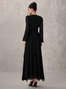 SHEIN Belle Women Elegant Woven Black Hollow Bodycon Long Sleeve Pearl Button Closure Long Dress, Semi Formal Prom Dress, For Birthday, Wedding Guest, Graduation Homecoming - Black - View 2