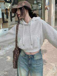 DAZY Áo nỉ ngắn tay có mũ, màu trơn, dành cho nữ, thích hợp mặc mùa thu và đông. - Màu be - Xem 3