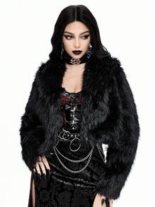 ROMWE Goth Áo khoác Y2K Party Teddy Crop có cổ lông dành cho nữ, dáng vừa vặn, màu đen - màu đen - Xem 3