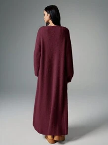 Poéselle 女式纯色长袖开襟针织开衫，秋冬休闲百搭 - 酒紅色 - 查看 4