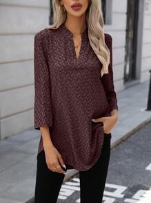 SHEIN LUNE Women's Casual Allover Print Notched Collar Roll Sleeve Shirt, Autumn