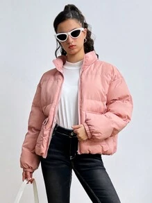 SHEIN Teen Girls' Pink Collar With Pockets Long Sleeve Fluffy Warm Korean Style Chic Jacket, Autumn/Winter - Pink - View 4