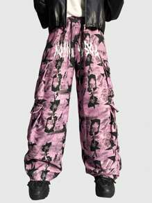 ROMWE MEN Street Life Men's Tie Front Print Pocket Casual Pants, For Daily Wear