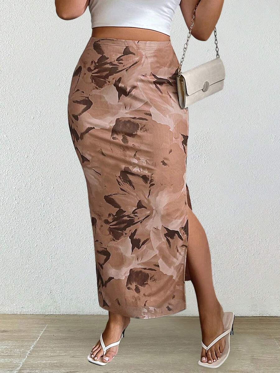 Celure Plus Size Full Print Simple Skirt For Daily Leisure - Apricot - View 1