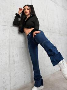 SHEIN PETITE Navy Blue High Elasticity Skinny Jeans For Women - Dark Wash - View 6