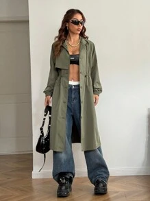 SHEIN EZwear 女士秋冬日常运动休闲工装褶饰军绿色长袖风衣 - 軍綠色 - 查看 4