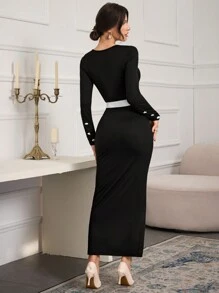 Modelyn Đầm dài bó sát chắp vá màu sắc thanh lịch cho nữ, Đầm dạ hội dài mùa thu/đông - Đen và trắng - Xem 3