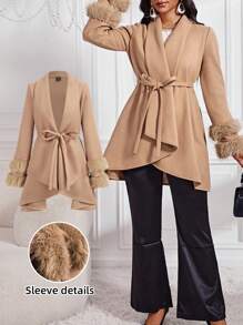 SHEIN Lady 秋冬季卡其色优雅女式大衣袖口毛绒拼接优雅大衣秋装腰带设计大衣风衣女夹克冬季女装女装秋季女装 - 淺粉色 - 查看 1