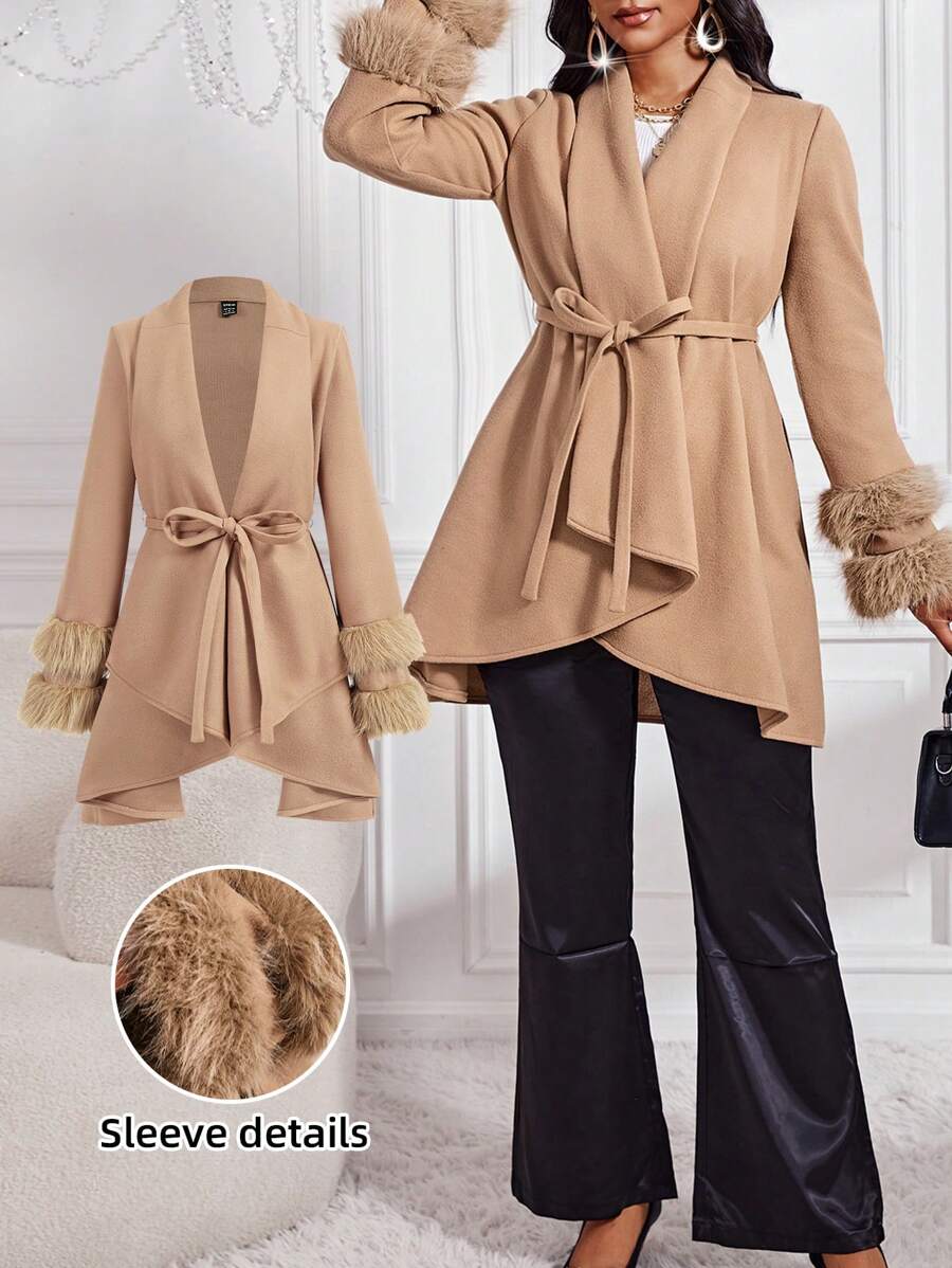 SHEIN Lady 秋冬季卡其色优雅女式大衣袖口毛绒拼接优雅大衣秋装腰带设计大衣风衣女夹克冬季女装女装秋季女装 - 淺粉色 - 查看 1
