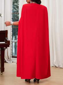 SHEIN Lady Váy dài tay thẳng dự tiệc cưới màu đỏ thanh lịch mùa thu đông - Đỏ - Xem 2