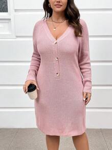 SHEIN LUNE 大码纯色 V 领长袖针织毛衣连衣裙，适合冬季