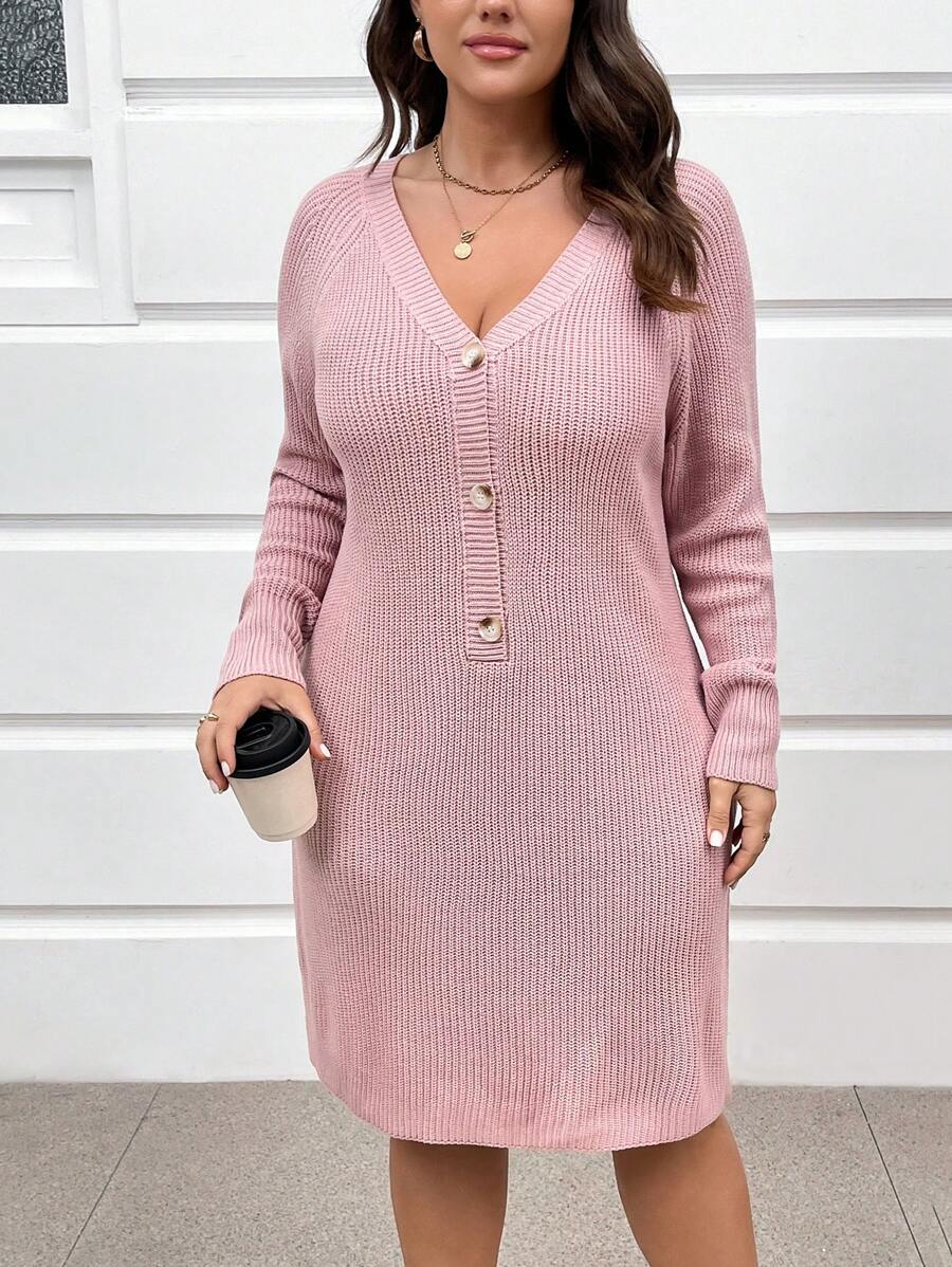 SHEIN LUNE 大码纯色 V 领长袖针织毛衣连衣裙，适合冬季