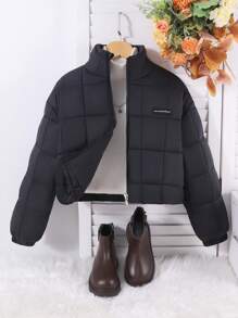 Tween Girl American Casual Solid Color Short Lightweight Padded Coat - Black - View 7