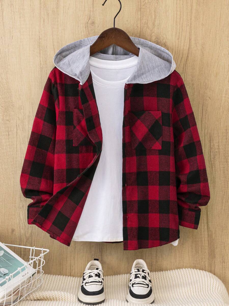 SHEIN Leap Crew 1 件 Tween Boy 休闲格子连帽衫宽松长袖衬衫,舒适适合学院、日常、郊游、学校、聚会,适合秋冬季、圣诞节,红色,黑色 - 紅色 - 查看 1