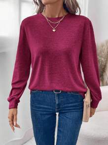 SHEIN LUNE Ed 女士圆领保暖基本款长袖 T 恤，休闲舒适，秋冬 - 中紫紅色 - 查看 3