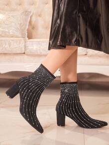 CUCCOO TILAWA Rhinestone Embellished Pointed Toe Fashionable Mid-Calf Boots For Christmas And New Year Holiday Valentines - Black - View 13