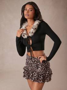 Hauture Women Black Autumn 70's Tie Front Fuzzy Leopard Print Patchwork Long Sleeve Top,Club Night Party Disco Winter Clothes For Date Performances Festivals - Black - View 7