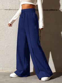SHEIN LUNE Pantalones de chándal informales de pierna ancha con cordón en la cintura y unicolor - Azul Marino - Ver 5