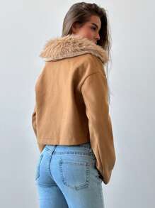 Aloruh 新品甜美毛绒领装饰加厚保暖大衣秋冬 - 卡其色 - 查看 2