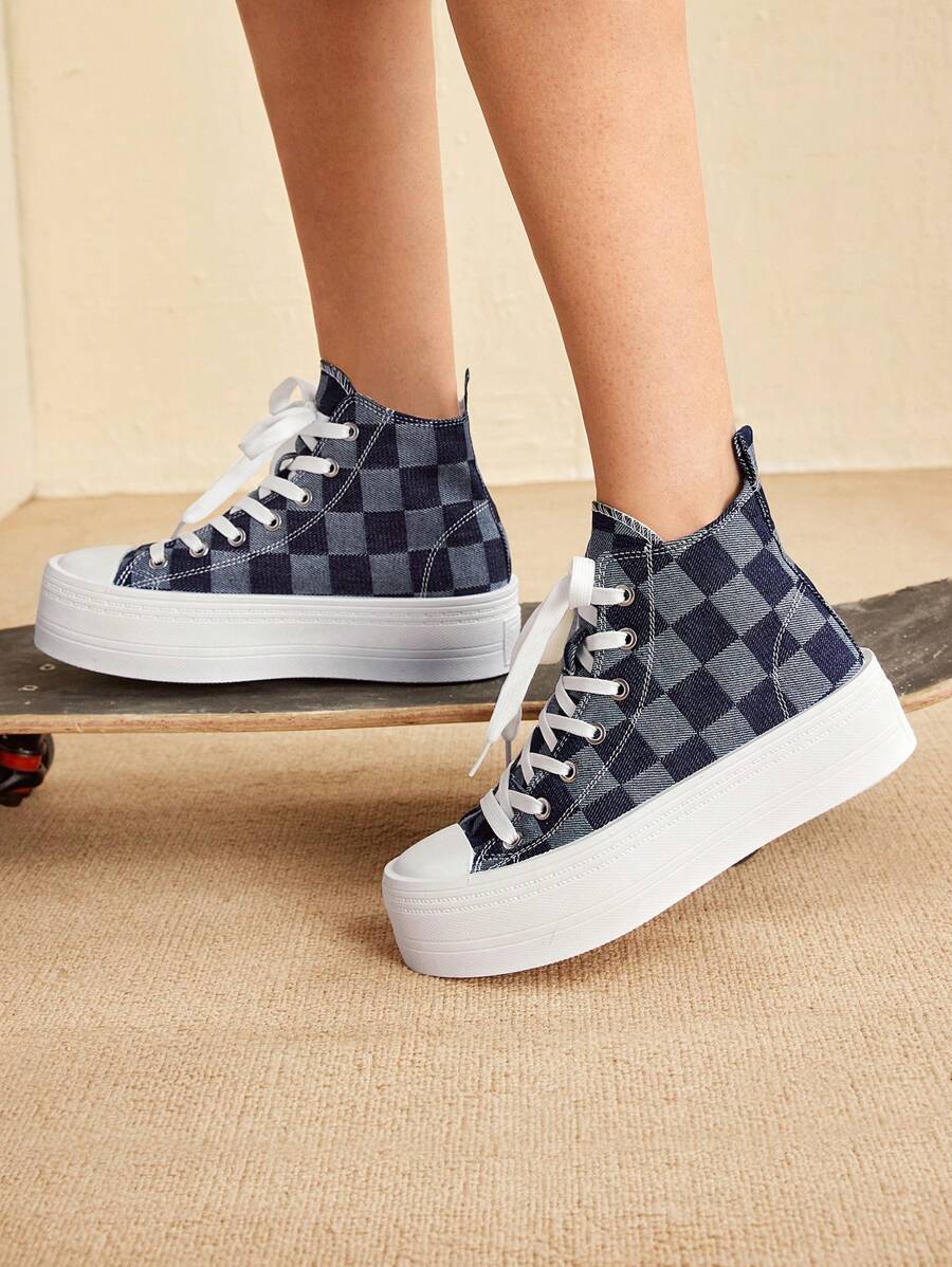 CUCCOO EASI 女士格纹拼接简约运动鞋，适合日常休闲穿着 - 藍色 - 查看 1