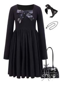 SHEIN Explorewe Teen Girls Casual Bowknot Decor Sweater Dress For Autumn/Winter - Black - View 1