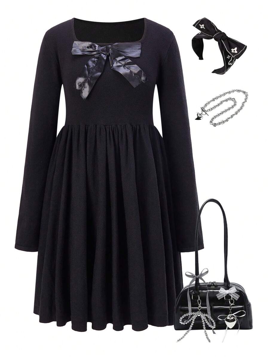 SHEIN Explorewe Teen Girls Casual Bowknot Decor Sweater Dress For Autumn/Winter - Black - View 1