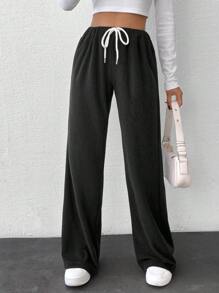 SHEIN Women's Solid White Drawstring Detailed Pants - Black - View 6